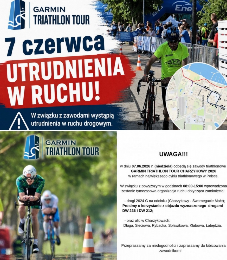 Największy tour triathlonowy gości dzisiaj w Charzykowach. Niestety, będą utrudnienia w ruchu!