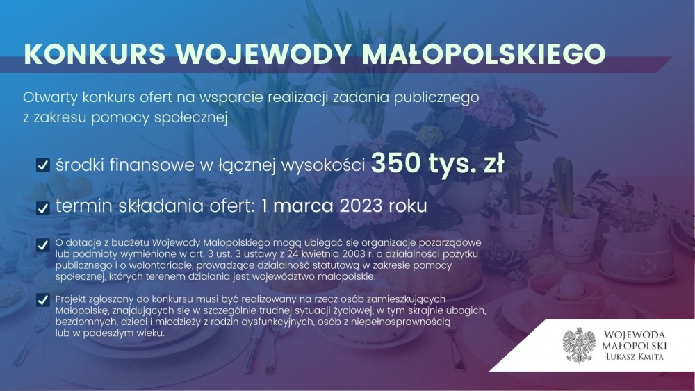 Pomagać najbardziej potrzebującym. Konkurs Wojewody Małopolskiego na zadania z zakresu polityki społecznej