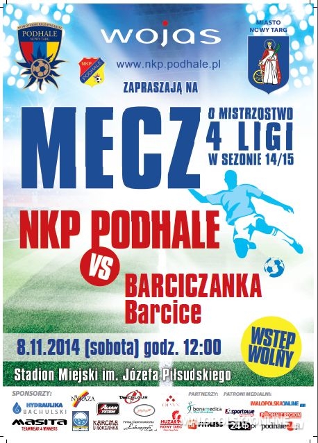 Mecz piłkarski o mistrzostwo IV ligi: Podhale Nowy Targ - Barciczanka Barcice