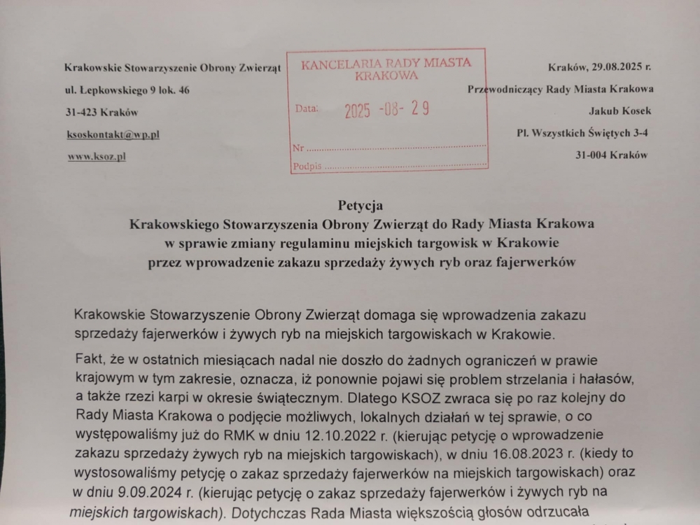 Domagają się wprowadzenia zakazu sprzedaży fajerwerków i żywych ryb