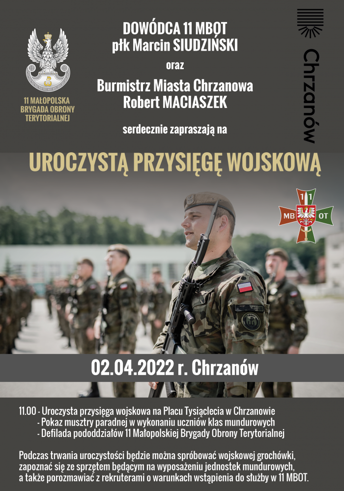 Uroczysta przysięga żołnierzy 11. Małopolskiej Brygady Obrony Terytorialnej w Chrzanowie